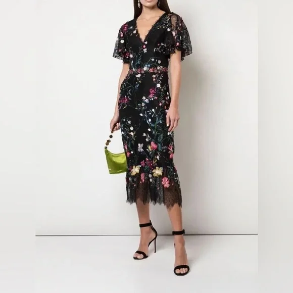 Marchesa Notte V-Neck 3D Floral Embroidered Tulle Cocktail Dress - Black - 6